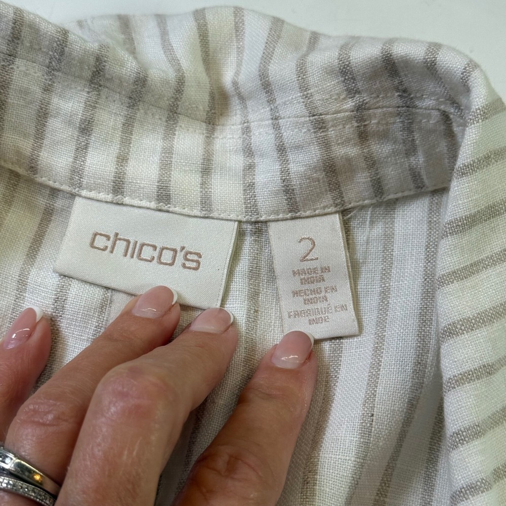 CHICO'S 100% Linen One Button Striped Blazer Jacket Ivory Tan Size Large - Picture 3 of 8